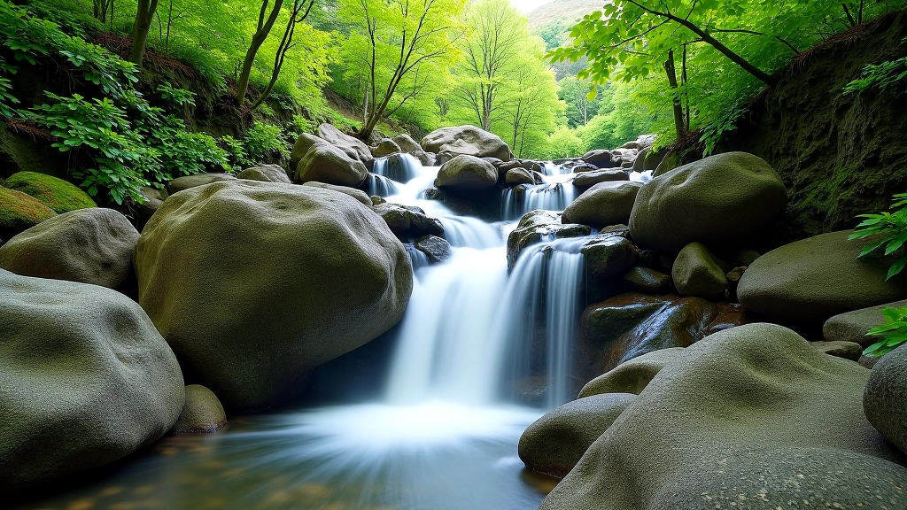 Cascading waterfall flowing through green moss-covered rocks in a sheltered coastal valley with autumn light