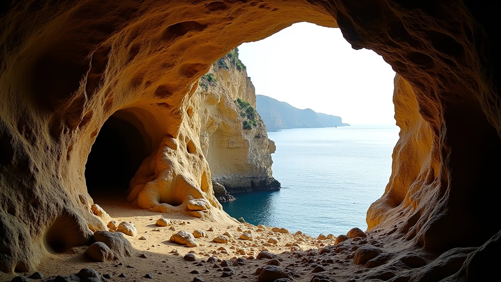 Ancient cave entrance nestled in cliff face with golden sandstone coloring and coastal backdrop visible through opening