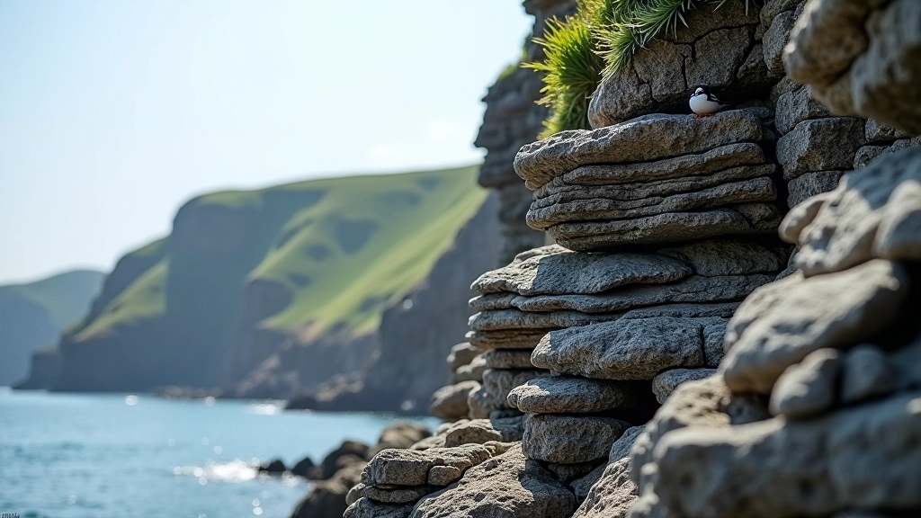 Close-up detail of weathered sea stack rock face showing striations and geological layers with seabirds nesting in crevices