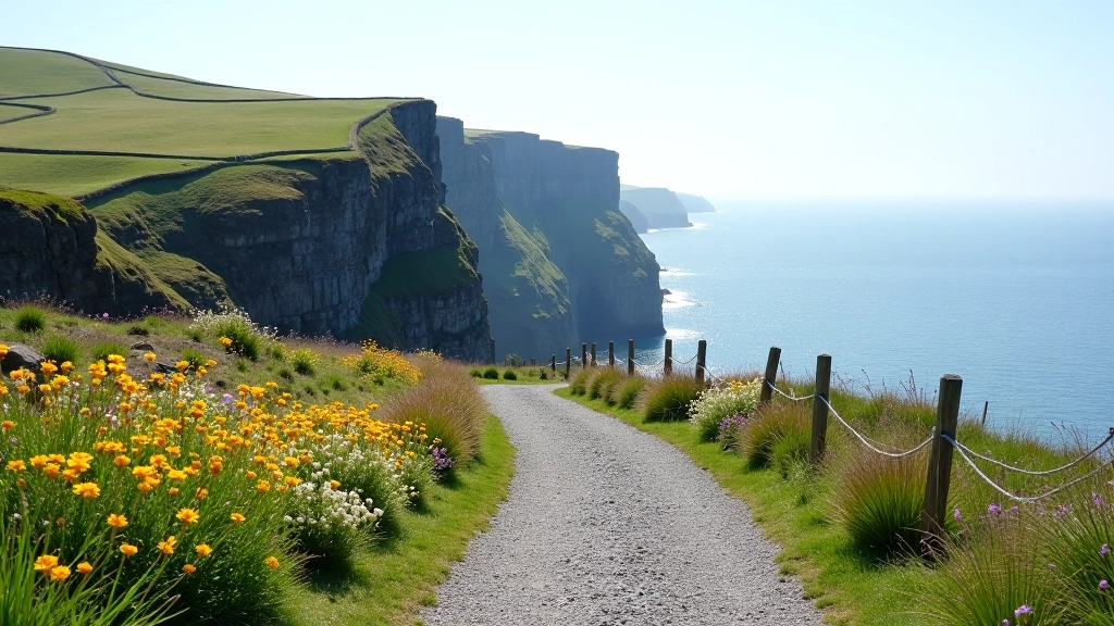 Coastal cliff edge with well-maintained gravel path, safety railings, and wildflowers blooming along the route on a bright morning
