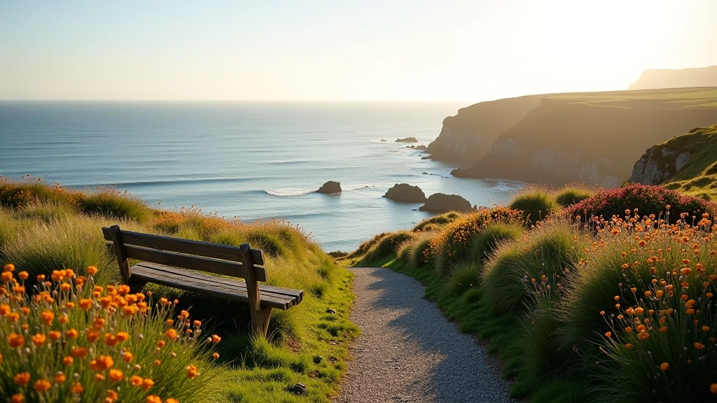 Scenic coastal walking path with benches placed at regular intervals overlooking wildflower meadows and calm sea