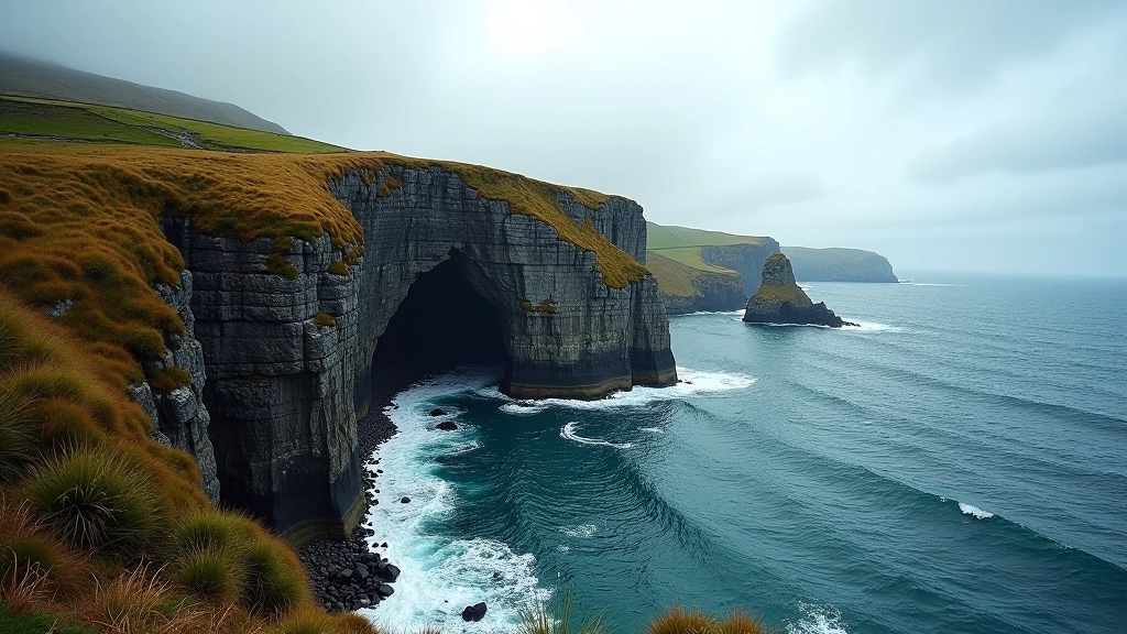 Coastal cliff face showing golden sandstone layers and natural cave formations with Atlantic Ocean in background