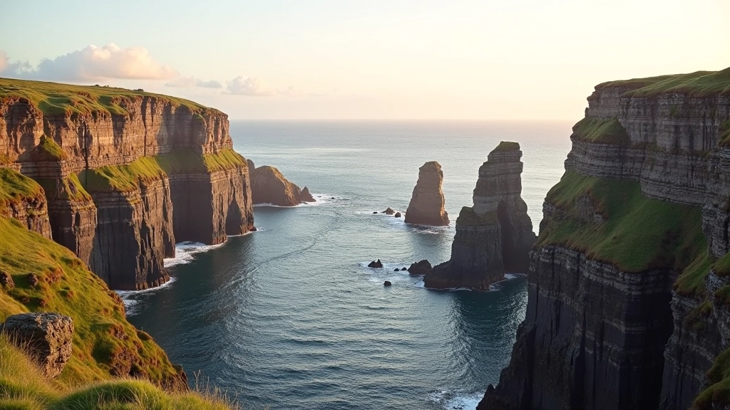 Dramatic coastal cliff formation overlooking the Atlantic Ocean with sea stacks and golden light at sunset in Donegal