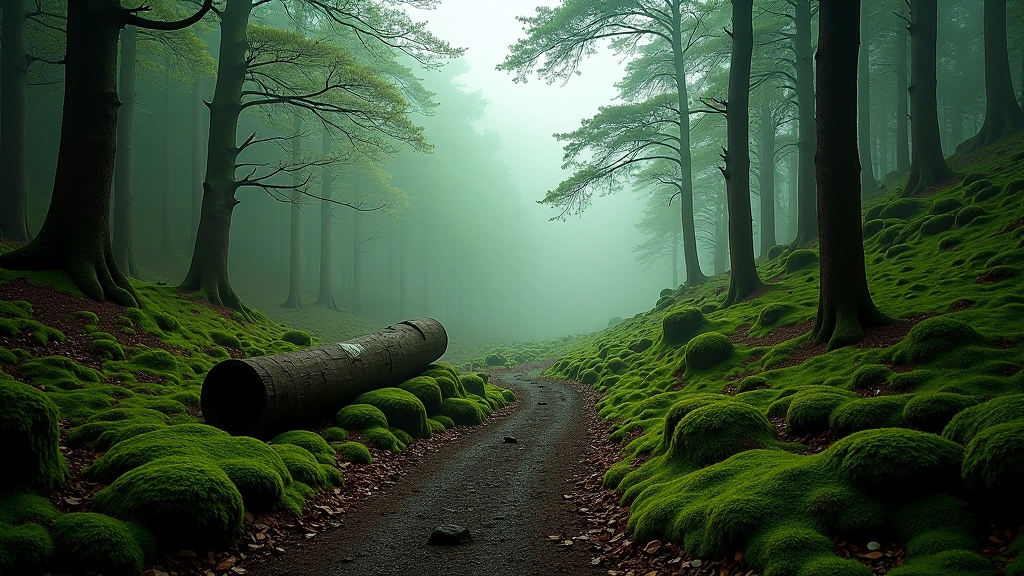 Mossy forest clearing with fallen log seating area overlooking a misty valley, soft green lighting from canopy above