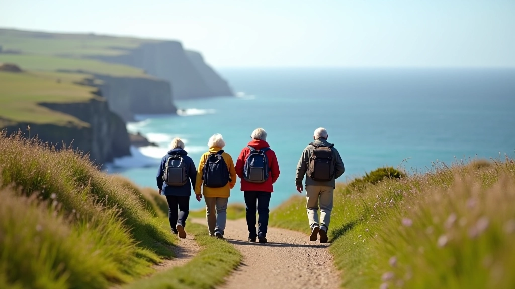 Older adults walking together on a coastal path with sea views