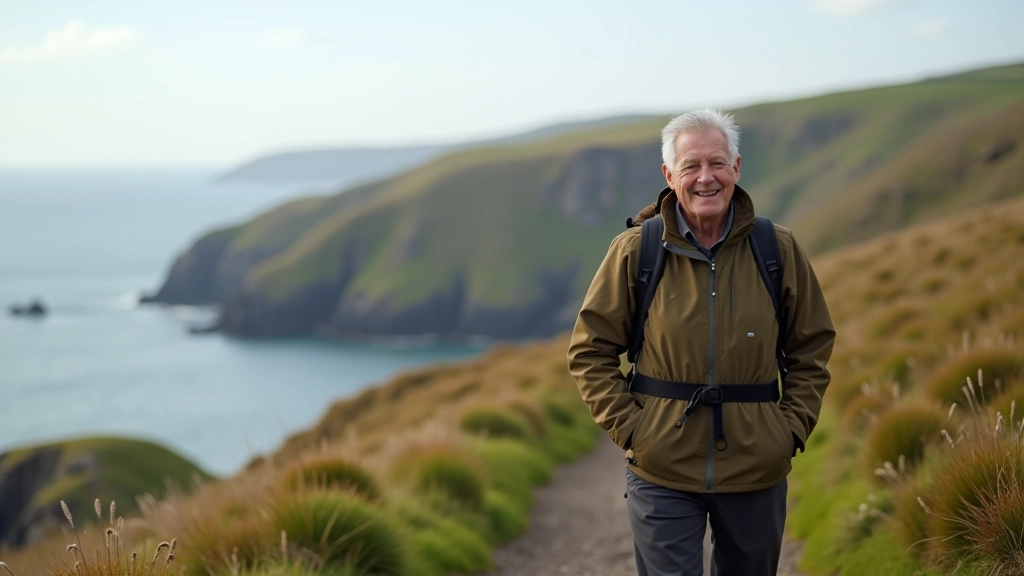 Hiker wearing appropriate outdoor gear standing on coastal path with Donegal coastline visible behind, warm morning light