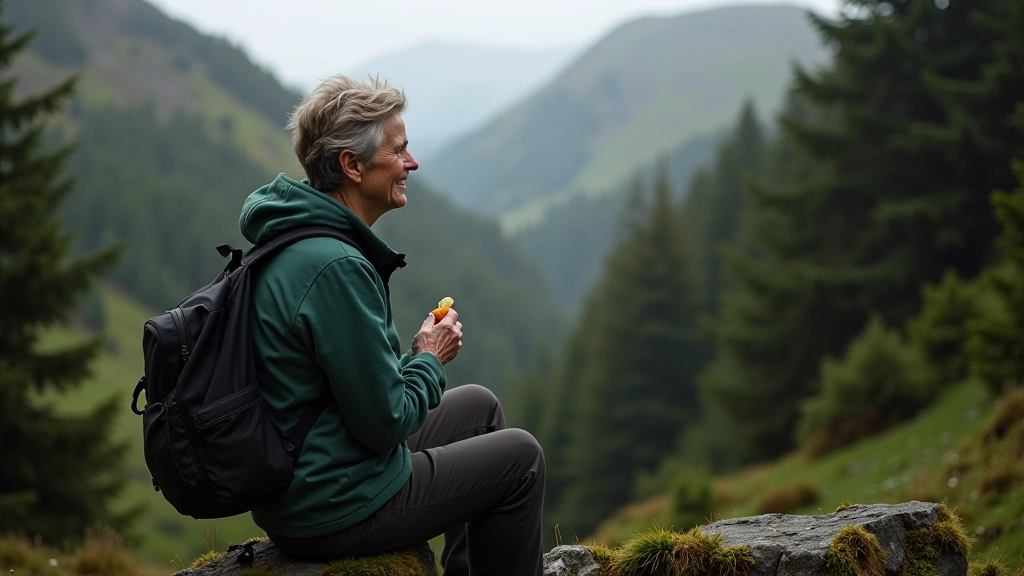 Hiker resting on a moss-covered rock, enjoying a snack with forest valley visible below, relaxed posture