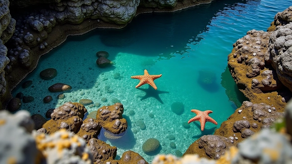 Tide pool with starfish, anemones and colorful sea life visible in crystal clear shallow water with rocks surrounding