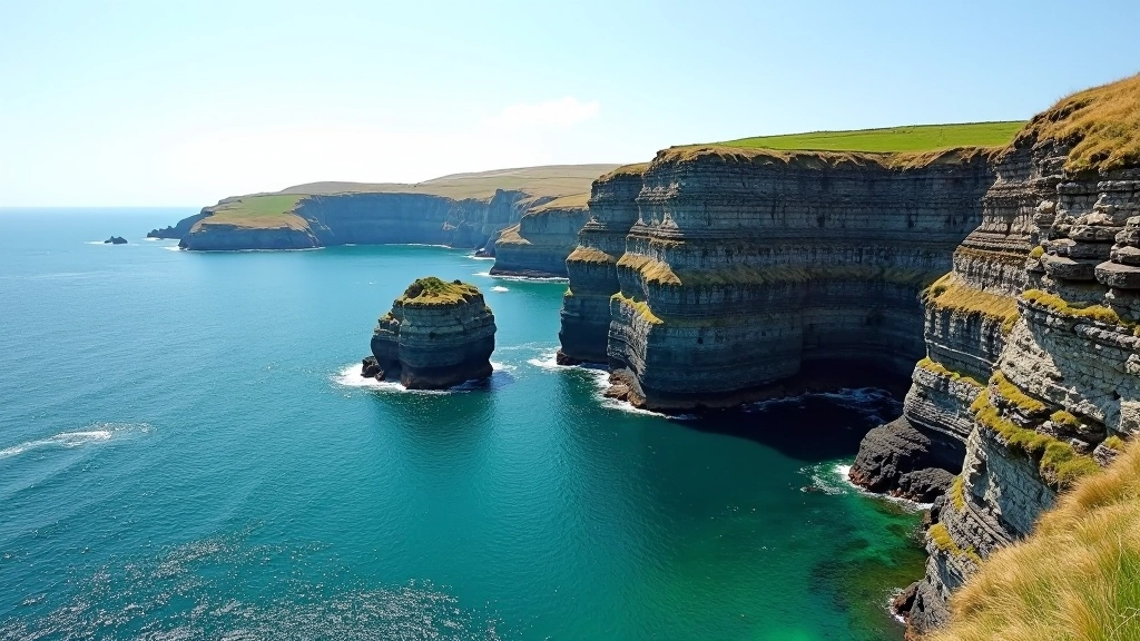 Panoramic coastal landscape showing layered sea cliffs with dramatic strata and calm turquoise waters below on a sunny day