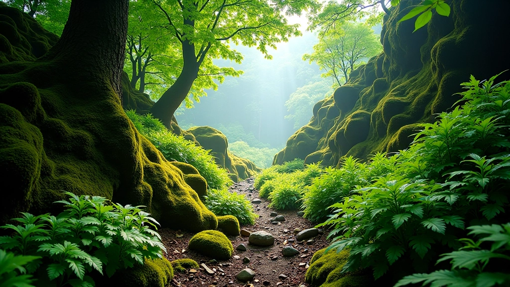 Peaceful woodland path lined with ferns and mossy rocks leading toward a misty valley, dappled green light filtering through oak trees