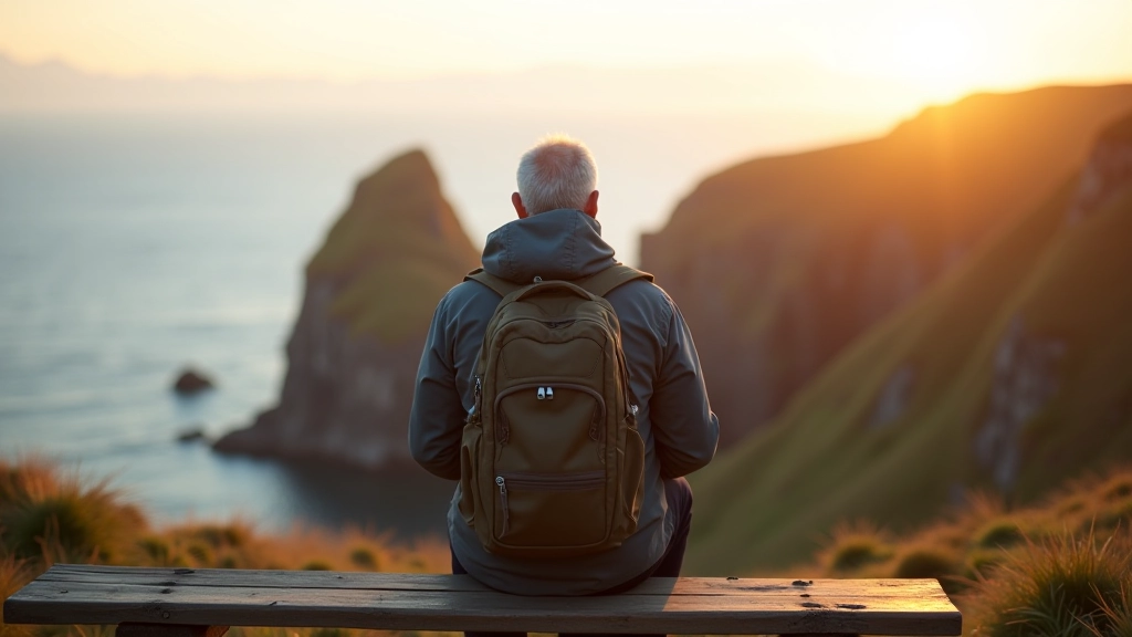 Hiker sitting on coastal cliff bench with hiking boots visible, ocean vista stretching to horizon