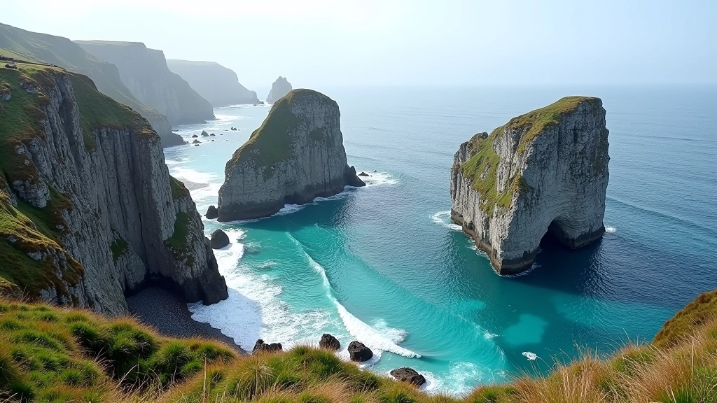 Rugged sea stack formations rising from turquoise ocean waters with rocky foreground and coastal vegetation