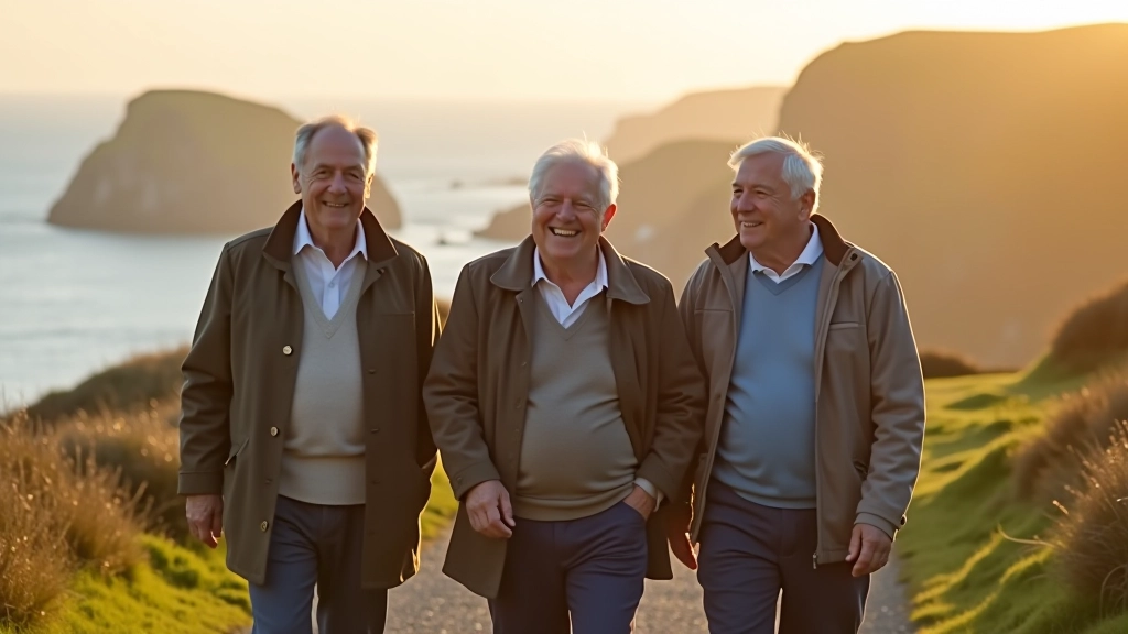 Group of older walkers on coastal path with dramatic cliff formations behind them, smiling and enjoying the landscape together