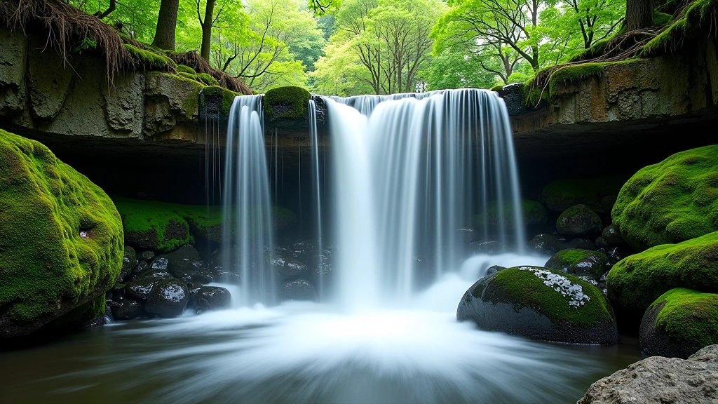 Waterfall cascading down rocky terrain surrounded by green vegetation