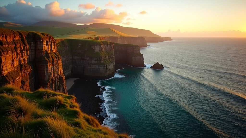 Scenic coastal landscape with dramatic sea cliffs and turquoise waters at sunset in County Donegal