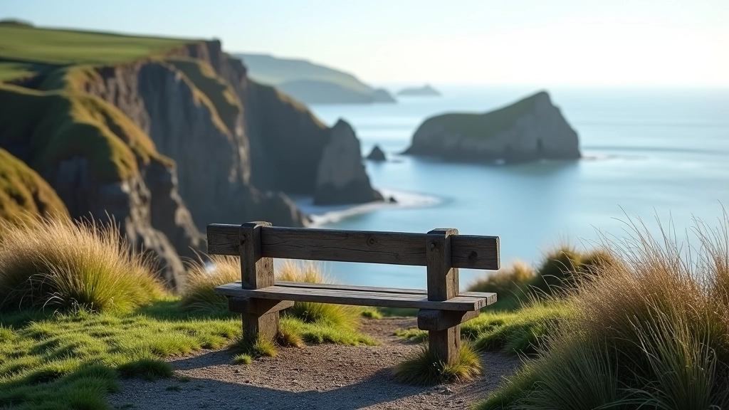 Weathered wooden bench overlooking rocky coastline with calm sea and distant headlands